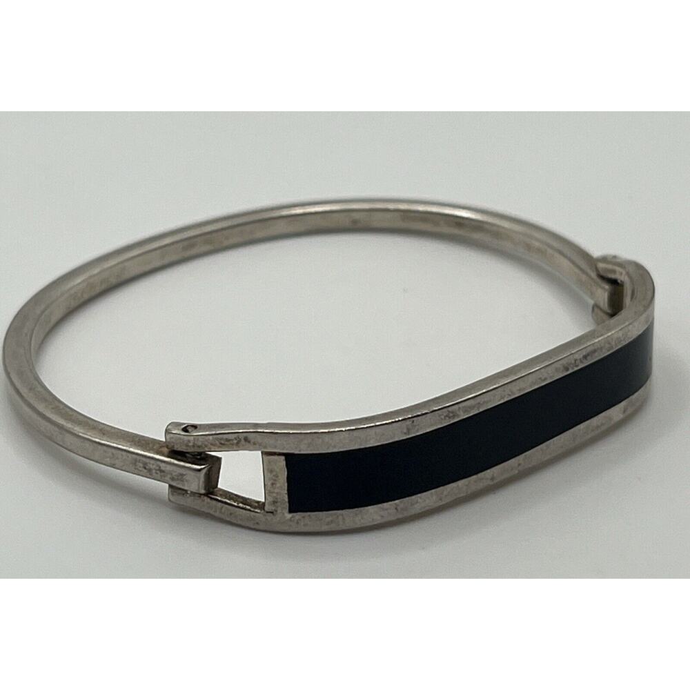 Vintage Taxco Sterling Silver Black Enamel Hinged Bracelet from Mexico